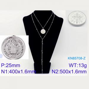 500mm Women Stainless Steel&Beads Double Chain Necklace with Christian Elements Round Pendant - KN85708-Z