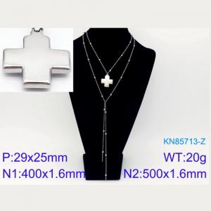 500mm Women Stainless Steel&Beads Double Chain Necklace with Square Christian Cross Pendant - KN85713-Z