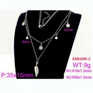 Fashion Silver Double Chains Bead Leaf Pendants Women Stainless Steel Necklaces - KN85899-Z
