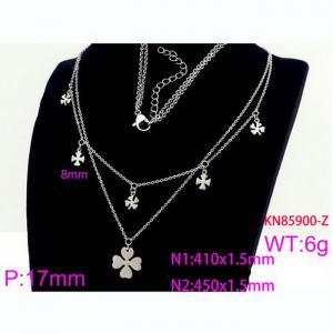 Fashion Silver Double Chains Stainless Steel Cross Four Leaf Pendants Women Necklaces - KN85900-Z