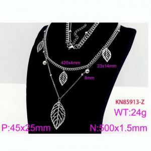Fashion Bead Leaf Pendant Double Chain Stainless Steel Non Fading Jewelry Necklaces - KN85913-Z