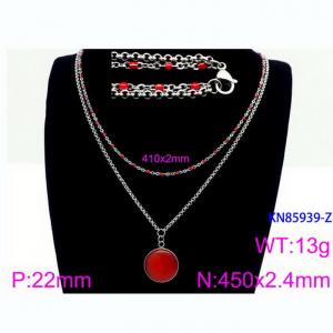Double Layer Link Chain With  Red Gemstone Pendant Necklace  Stainless Steel Silver Color - KN85939-Z