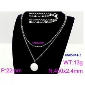 450mm Women Stainless Steel&Pearl Double Style Chain Necklace with White Round Blank Pendant - KN85941-Z