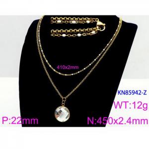 450mm Women Gold-Plated Stainless Steel&Pearl Double Style Chain Necklace with Pixeled Mirror - KN85942-Z