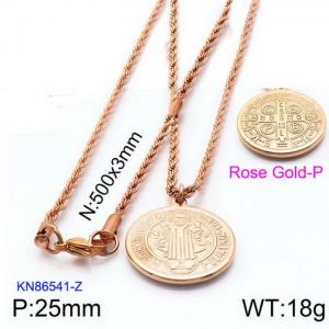 Rose Gold Religious Coin Pedant Necklace with Rope Chain - KN86541-Z