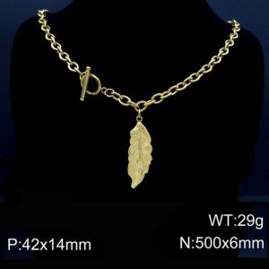 50cm O Link Chain Gold Color Stainless Steel Leaf Pendant OT Clasp Charm Necklace - KN87109-Z
