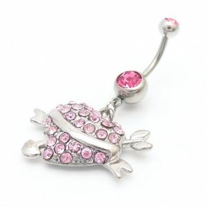 Stainless Steel Diamond  Heart Belly Button Ring Pink - KNB035-TLS