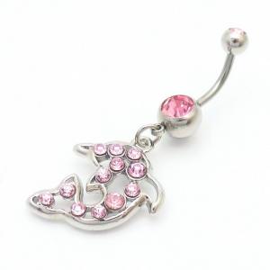 Stainless Steel Diamond  Dolphin Belly Button Ring Silver - KNB040-TLS