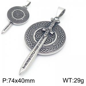 Punk style retro personality stainless steel creative Viking rune series round shield and long sword shaped pendant - KP116185-MZOZ
