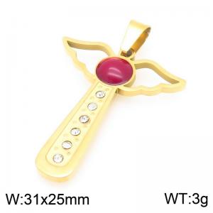 Fashionable and personalized stainless steel creative hollow wing cross inlaid with ruby and diamond temperament gold pendant - KP116514-ZLA
