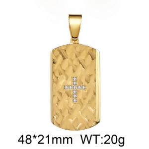 Men Gold-Plated Stainless Steel Tag Pendant with Rhinestones Christian Cross Pattern - KP119995-WGAS