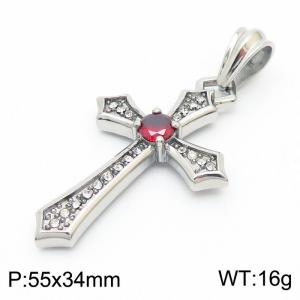 Unisex Stainless Steel&Rhinestones&Red Zircon Christian Cross Pendant - KP130364-KJX