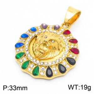 Vintage Style Colorful Cubic Zircon Pendant 18k Gold Plated Stainless Steel Round Lion Pendant - KP130476-MZOZ