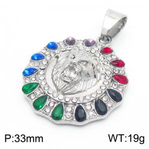 Vintage Fashion Colorful Rectangle Cubic Zircon Pendant Stainless Steel Round Lion Pendant - KP130477-MZOZ