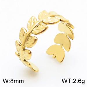 Stainless steel C-shaped minimalist fashion leaf opening gold ring - KR107847-KFC