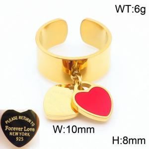 Stainless steel simple and fashionable C-shaped open gold ring with a gold and red heart shaped pendant hanging in the middle - KR108337-KLX