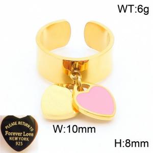 Stainless steel simple and fashionable C-shaped open gold ring with a heart shaped pendant with one gold and one pink hanging in the middle - KR108341-KLX