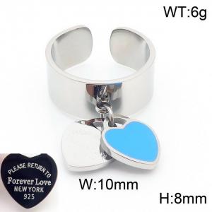 Stainless steel simple and fashionable C-shaped open silver ring with a silver blue heart shaped pendant hanging in the middle - KR108342-KLX
