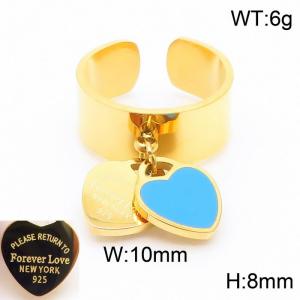 Stainless steel simple and fashionable C-shaped open gold ring with a gold and blue heart shaped pendant hanging in the middle - KR108343-KLX