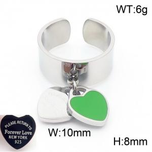 Stainless steel simple and fashionable C-shaped open silver ring with a silver green heart shaped pendant hanging in the middle - KR108345-KLX