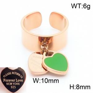 Stainless steel simple and fashionable C-shaped open rose gold ring with a rose gold and green heart shaped pendant hanging in the middle - KR108346-KLX