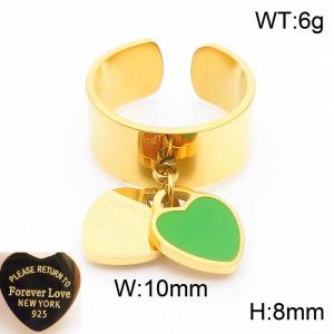 Stainless steel simple and fashionable C-shaped open gold ring with a gold and green heart shaped pendant hanging in the middle - KR108347-KLX
