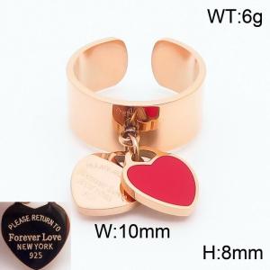 Stainless steel simple and fashionable C-shaped open rose gold ring with rose gold and red heart shaped pendants hanging in the middle - KR108650-KLX
