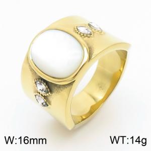 Women Gold-Plated Stainless Steel&Rhinestones Jewelry Ring with Shell Pearl Charm - KR1087644-K