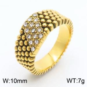 Personalized stainless steel cast electroplated gold ring with round bead surface and rhinestones - KR1088275-K