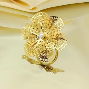 Hollow out multi-layer flower bow pearl retro stainless steel adjustable ring - KR113258-SP