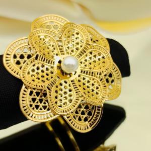 Hollow out multi-layer flower bow pearl retro stainless steel adjustable ring - KR113259-SP
