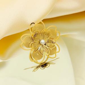 Hollow out multi-layer flower bow pearl retro stainless steel adjustable ring - KR113260-SP