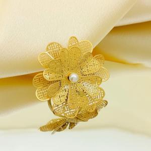 Hollow out multi-layer flower bow pearl retro stainless steel adjustable ring - KR113265-SP