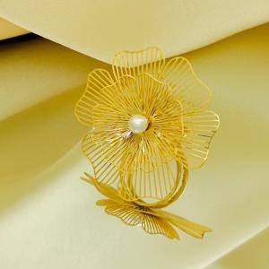 Hollow out multi-layer flower bow pearl retro stainless steel adjustable ring - KR113269-SP