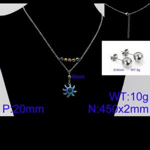 Women Stainless Steel Jewelry Set with 450mm Black Zircon Stamen Rainbow Color Petals Flower Pendant Necklace &Earrings - KS105645-Z