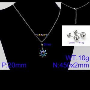 Women Stainless Steel Jewelry Set with 450mm Brown Stamen Rainbow Color Petals Flower Pendant Necklace &Earrings - KS105646-Z