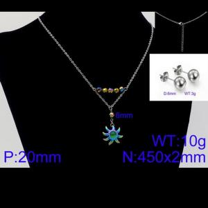 Women Stainless Steel Jewelry Set with 450mm Green Stamen Rainbow Color Petals Flower Pendant Necklace &Earrings - KS105648-Z