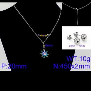 Women Stainless Steel Jewelry Set with 450mm Pink Zircon Stamen Rainbow Color Petals Flower Pendant Necklace &Earrings - KS105649-Z