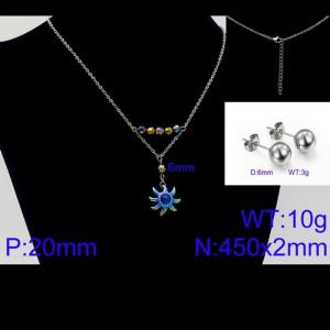 Women Stainless Steel Jewelry Set with 450mm Blue Zircon Stamen Rainbow Color Petals Flower Pendant Necklace &Earrings - KS105650-Z