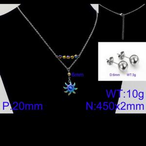 Women Stainless Steel Jewelry Set with 450mm Sea Blue Stamen Rainbow Color Petals Flower Pendant Necklace &Earrings - KS105652-Z