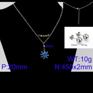 Women Stainless Steel Jewelry Set with 450mm Sky Blue Stamen Rainbow Color Petals Flower Pendant Necklace &Earrings - KS105653-Z