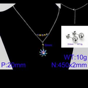 Women Stainless Steel Jewelry Set with 450mm Pink Zircon Stamen Rainbow Color Petals Flower Pendant Necklace &Earrings - KS105654-Z