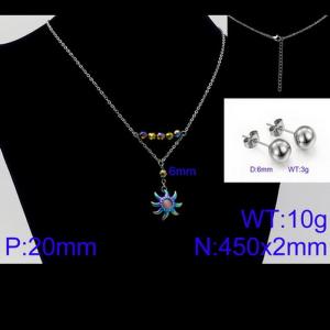 Women Stainless Steel Jewelry Set with 450mm light purple Stamen Rainbow Color Petals Flower Pendant Necklace &Earrings - KS105658-Z