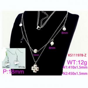 Women Stainless Steel Jewelry Set with 450mm Clover&Pearl Charms Necklace&Love Heart Earrings - KS111978-Z