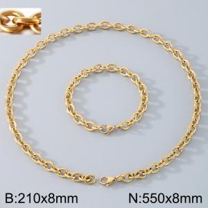 Stainless Steel 550x8mm Necklace 200x8mm Bracelet Gold Color Lobster Clasp O Chain Jewelry Sets For Women Men - KS114473-Z