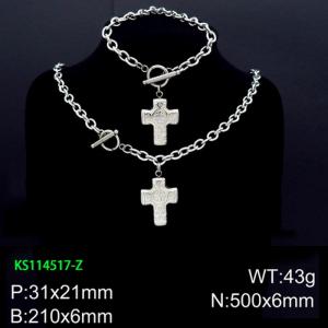 Vintage Cross Pendant Bracelet Necklace OT Lock Stainless Steel Jewelry Set - KS114517-Z
