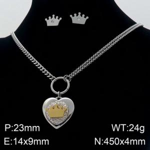 Fashion and creative stainless steel diamond studded peach heart crown earrings necklace two-piece set - KS132511-Z