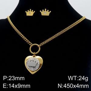 Fashion and creative stainless steel diamond studded peach heart crown earrings necklace two-piece set - KS132512-Z