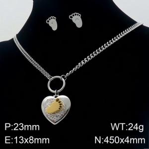 Fashion and creative stainless steel diamond studded peach heart small foot earrings necklace two-piece set - KS132513-Z