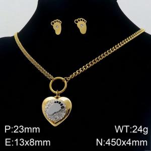 Fashion and creative stainless steel diamond studded peach heart small foot earrings necklace two-piece set - KS132514-Z